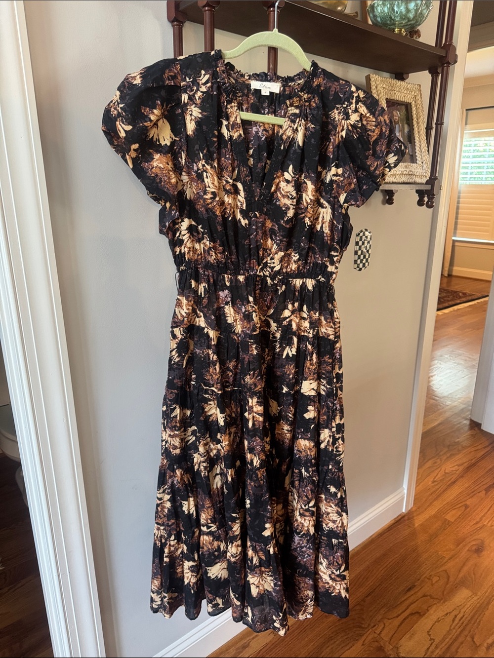 Elan Black Floral Midi Dress with Tan Accents